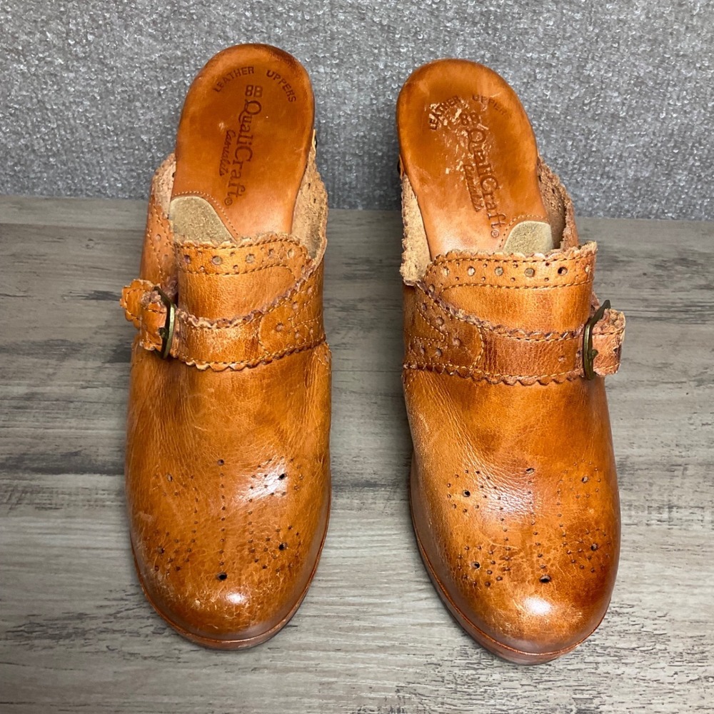 QuailCraft Vintage Brown Leather Wooden Clog Mule Women's Size 7.5/38 Boho Y2K - Picture 2 of 10